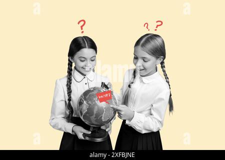 Composite photo collage of two happy schoolgirl classmates hold globe map supply geography lesson search isolated on painted background Stock Photo