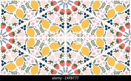 Playful seamless pattern featuring illustrations of lemons, raspberries, blueberries, white strawberries, pink flowers, and green leaves, arranged in a diamond-shaped design. Modern, organic vector style with flat colors. Stock Vector