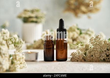 Two dropper bottles of aromatherapy essential oil with fresh yarrow flowers on white background Stock Photo