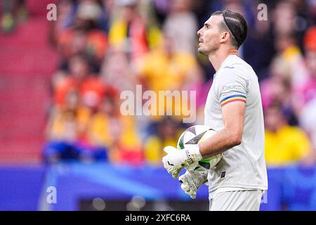 Munich, Germany. 02nd July, 2024. MUNICH, GERMANY - JULY 2: Florin Nita of Romania looks dejected after conceding his sides second goal (later cancelled by VAR) during the Round of 16 - UEFA EURO 2024 match between Romania and Netherlands at Munich Football Arena on July 2, 2024 in Munich, Germany. (Photo by Joris Verwijst/BSR Agency) Credit: BSR Agency/Alamy Live News Stock Photo