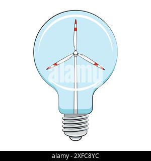 Color illustration light bulb with wind turbine, windmill. Isolated vector object on white background. Stock Vector