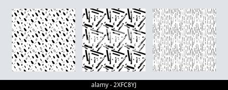 Vector seamless pattern with dashes, pen stripes and thin vertical lines. Hand drawn repeat black elements, crayon geometric small elements. Minimalist noise texture with scattered sprinkles, droplets Stock Vector