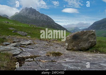 Tryfan is a mountain in the Glyderau Range in the Snowdonia National Park, Wales. Stock Photo