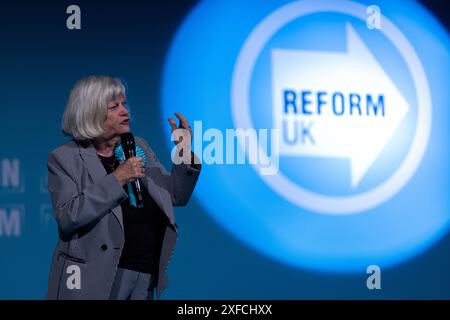 Ann Widdecombe speaking at ‘Rally for Reform' at Birmingham NEC, Reform UK leader's largest mass meeting of the campaign  on Sunday June 30th, 2024 Stock Photo