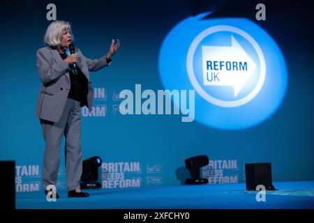 Ann Widdecombe speaking at ‘Rally for Reform' at Birmingham NEC, Reform UK leader's largest mass meeting of the campaign  on Sunday June 30th, 2024 Stock Photo