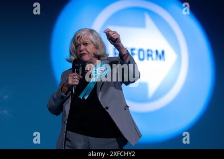 Ann Widdecombe speaking at ‘Rally for Reform' at Birmingham NEC, Reform UK leader's largest mass meeting of the campaign  on Sunday June 30th, 2024 Stock Photo