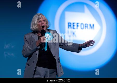 Ann Widdecombe speaking at ‘Rally for Reform' at Birmingham NEC, Reform UK leader's largest mass meeting of the campaign  on Sunday June 30th, 2024 Stock Photo