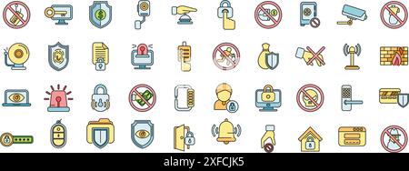 Stop theft icons set outline vector. Anti terrorist. Hacker attack thin line color flat on white Stock Vector