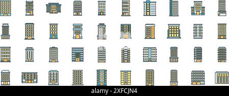 Multistory building icons set outline vector. Architecture interior. House project thin line color flat on white Stock Vector