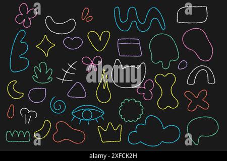 Colored elements, wax pencil doodles, children's drawings on a black background. vector Stock Vector