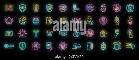 Stop theft icons set outline vector. Anti terrorist. Hacker attack neon color on black Stock Vector