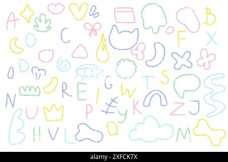 Colored elements, letters, alphabet, wax pencil doodles, children's drawings on white background. Vector Stock Vector
