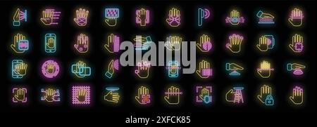 Palm scanning icons set outline vector. Biometric signature. Facial smartphone neon color on black Stock Vector