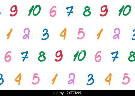 Mathematical bright pattern for children. Colorful numbers for seamless print for kids educational product design. Handwritten red, blue, green number Stock Vector