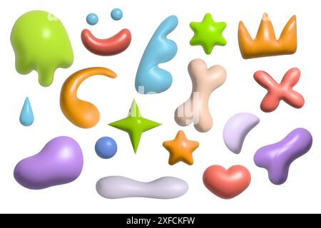 A collection of vector 3D plastic shapes . 3D set includes star, heart, crown, bone, shapeless elements vector Stock Vector