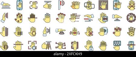 Palm scanning icons set outline vector. Biometric signature. Facial smartphone thin line color flat on white Stock Vector