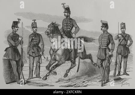 Hungarian Cavalry and Infantry in 1849. Engraving by Janet Lange. 'Los Héroes y las Grandezas de la Tierra' (The Heroes and the Grandeurs of the Earth). Volume VIII. 1856. Stock Photo