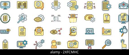Technical overview icons set outline vector. Phone specification. Camera memory thin line color flat on white Stock Vector