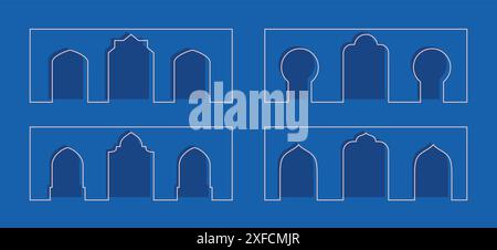 Line arabian wall with door, arch shapes. Outline border with oriental pattern. Vector elements with city buildings. Stock Vector
