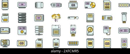 Gigabyte icons set outline vector. Big data. Cyber disk thin line color flat on white Stock Vector