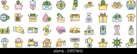 Fundraising icons set outline vector. Donate contribute. Give gift thin line color flat on white Stock Vector