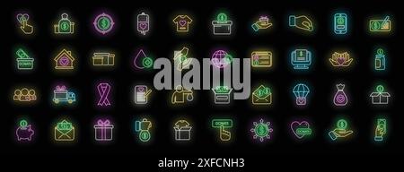 Fundraising icons set outline vector. Donate contribute. Give gift neon color on black Stock Vector