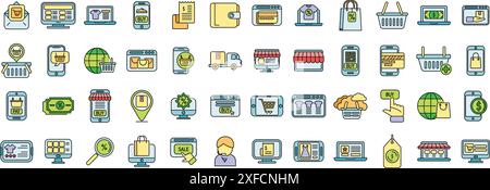 Online store icons set outline vector. Money shop. Sale seller thin line color flat on white Stock Vector