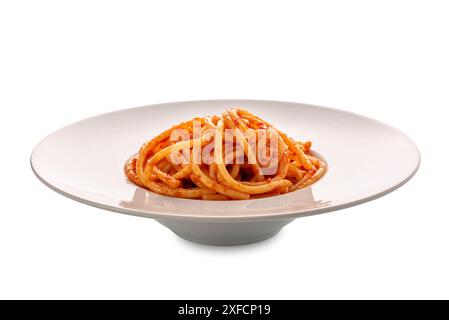 Bucatini pasta with tomato sauce in white plate isolated  with clipping Path Stock Photo