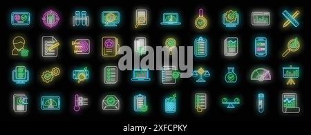 Benchmark testing icons set outline vector. Aspekt development. Expertise rating neon color on black Stock Vector