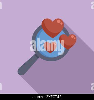 Magnifying glass is showing hearts floating above on a purple background Stock Vector