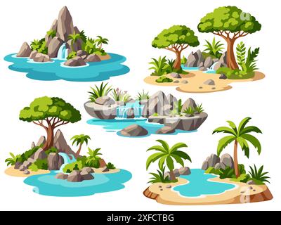 Cartoon tropical islands. Palm, reservoirs and trees, rocks and waterfalls, summer weekend holiday, game landscapes elements. Paradise uninhabited Stock Vector
