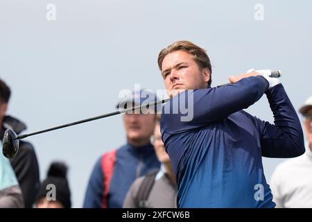 2nd July 2024; West Lancashire Golf Club, Blundellsands, Liverpool, England; Final Qualifying for The Open Golf tournament; James Bigham tees off Stock Photo