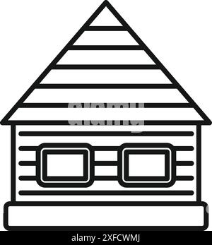 Line art icon of a small wooden bungalow featuring two square windows and a triangular roof Stock Vector