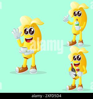 Set of cute banana characters enjoying beverages. Perfect for kids, merchandise and sticker, banner promotion or blog Stock Vector