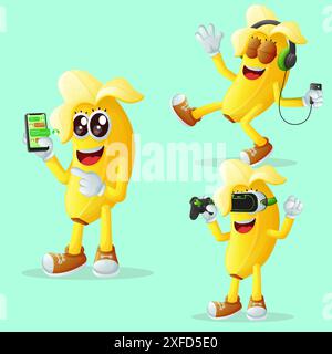 Set of cute banana characters and technology. Perfect for kids, merchandise and sticker, banner promotion or blog Stock Vector