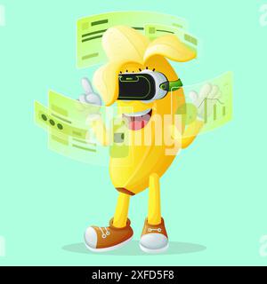 Cute banana character in metaverse. Perfect for kids, merchandise and sticker, banner promotion or blog Stock Vector