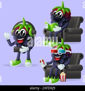 Set of cute blackberry characters enjoying leisure activities. Perfect for kids, merchandise and sticker, banner promotion or blog Stock Vector