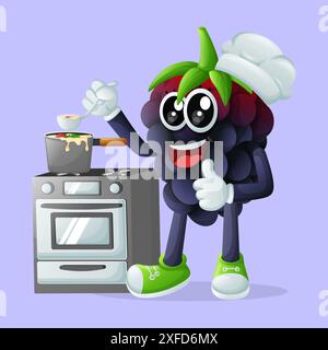 Cute blackberry character cooking on a stove. Perfect for kids, merchandise and sticker, banner promotion or blog Stock Vector