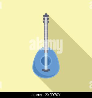 Blue mandolin lying on a yellow background, musical instrument with strings, minimal design, flat lay style Stock Vector