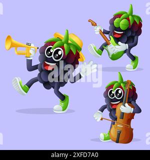Set of cute blackberry characters playing musical instruments. Perfect for kids, merchandise and sticker Stock Vector