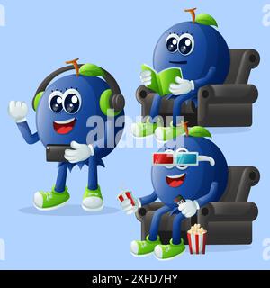 Set of cute blueberry characters enjoying leisure activities. Perfect for kids, merchandise and sticker, banner promotion or blog Stock Vector