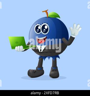 Cute blueberry character typing on a computer. Perfect for kids, merchandise and sticker, banner promotion or blog Stock Vector