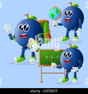 Set of cute blueberry characters in education. Perfect for kids, merchandise and sticker, banner promotion or blog Stock Vector