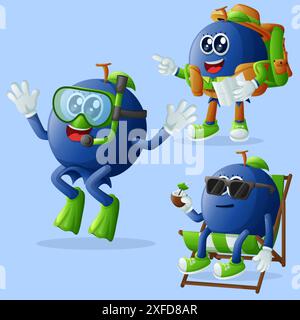 Set of cute blueberry characters on vacation. Perfect for kids, merchandise and sticker, banner promotion or blog Stock Vector