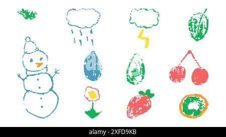 Doodles with the texture of wax chalk. Set elements imitating child drawing. Snowman berries clouds. Doodles abstract shapes. Vector illustration. Stock Vector