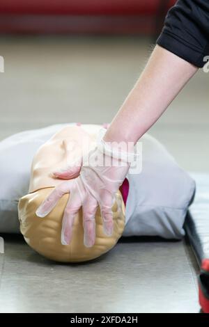 A paramedic performs CPR on a manikin during a first aid demonstration. Stock Photo