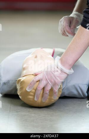 A paramedic performs CPR on a manikin during a first aid demonstration. Stock Photo