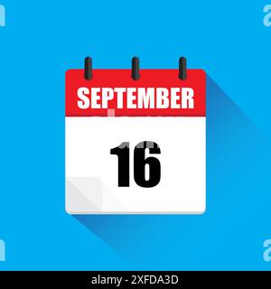 Calendar icon illustration. September sixteen. Red and white design. Blue background shadow. Stock Vector