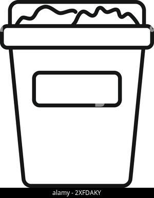 Simple black and white line drawing of a trash can overflowing with garbage Stock Vector