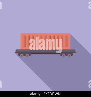 Cargo train car carrying intermodal container flat design illustration with long shadow on purple background Stock Vector